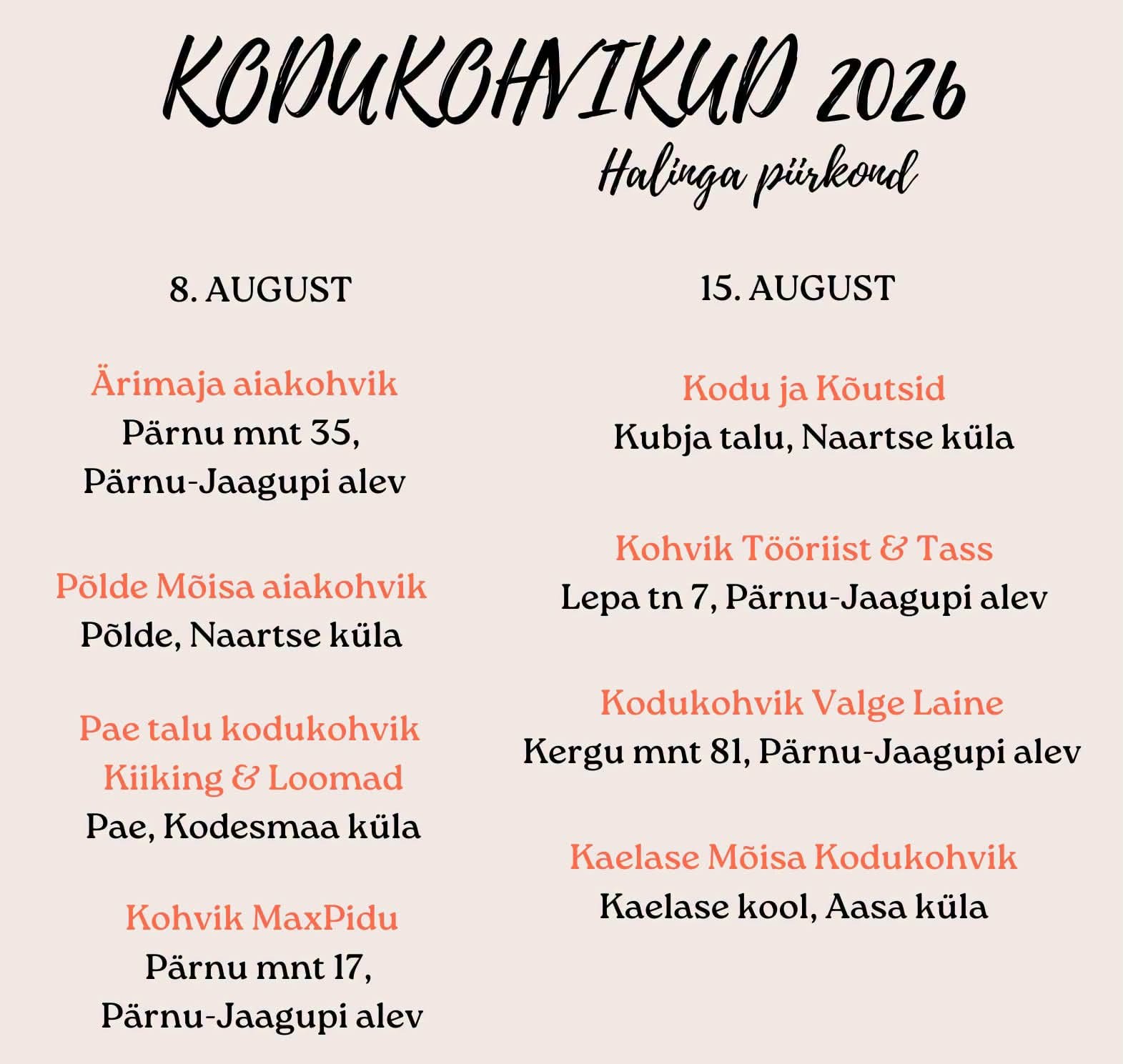 Pildil on Halinga piirkonna kodukohvikute nimekiri.